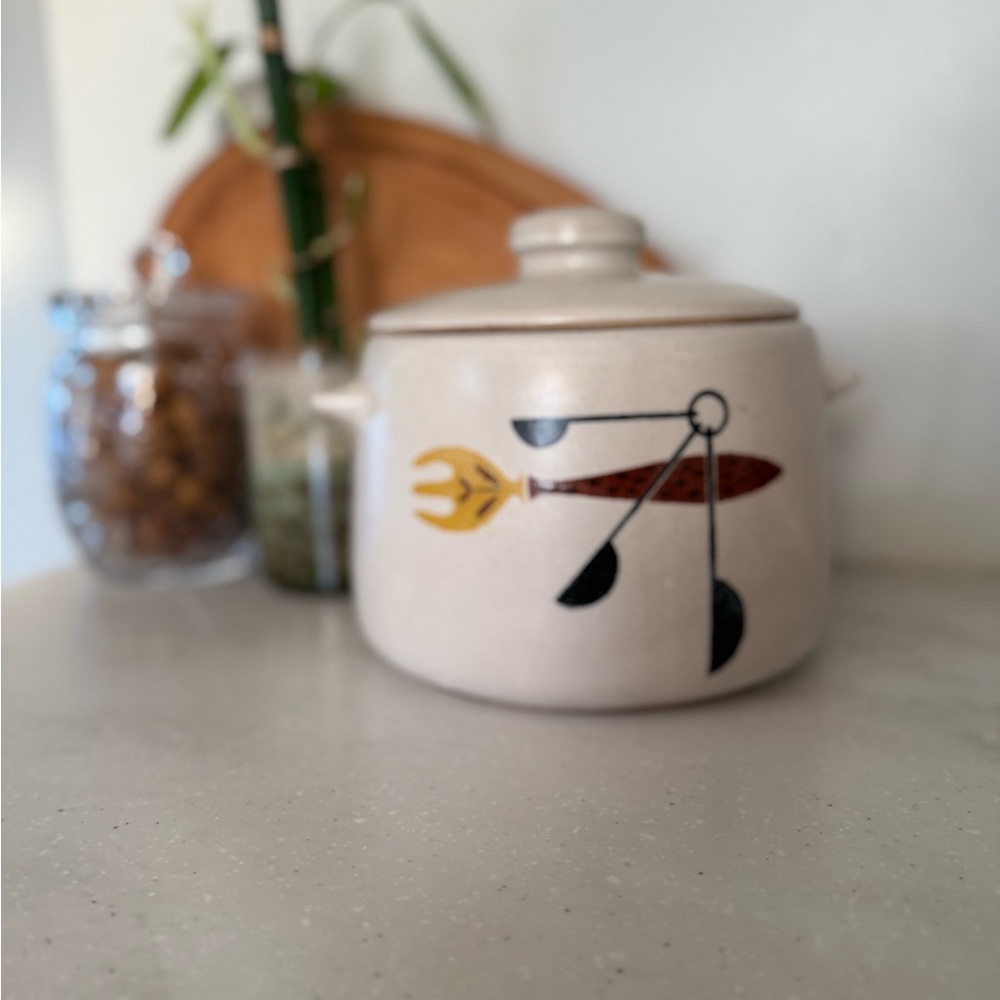 Vintage 1960's West Bend Ceramic Bean Pot With Fork & Spoon Design